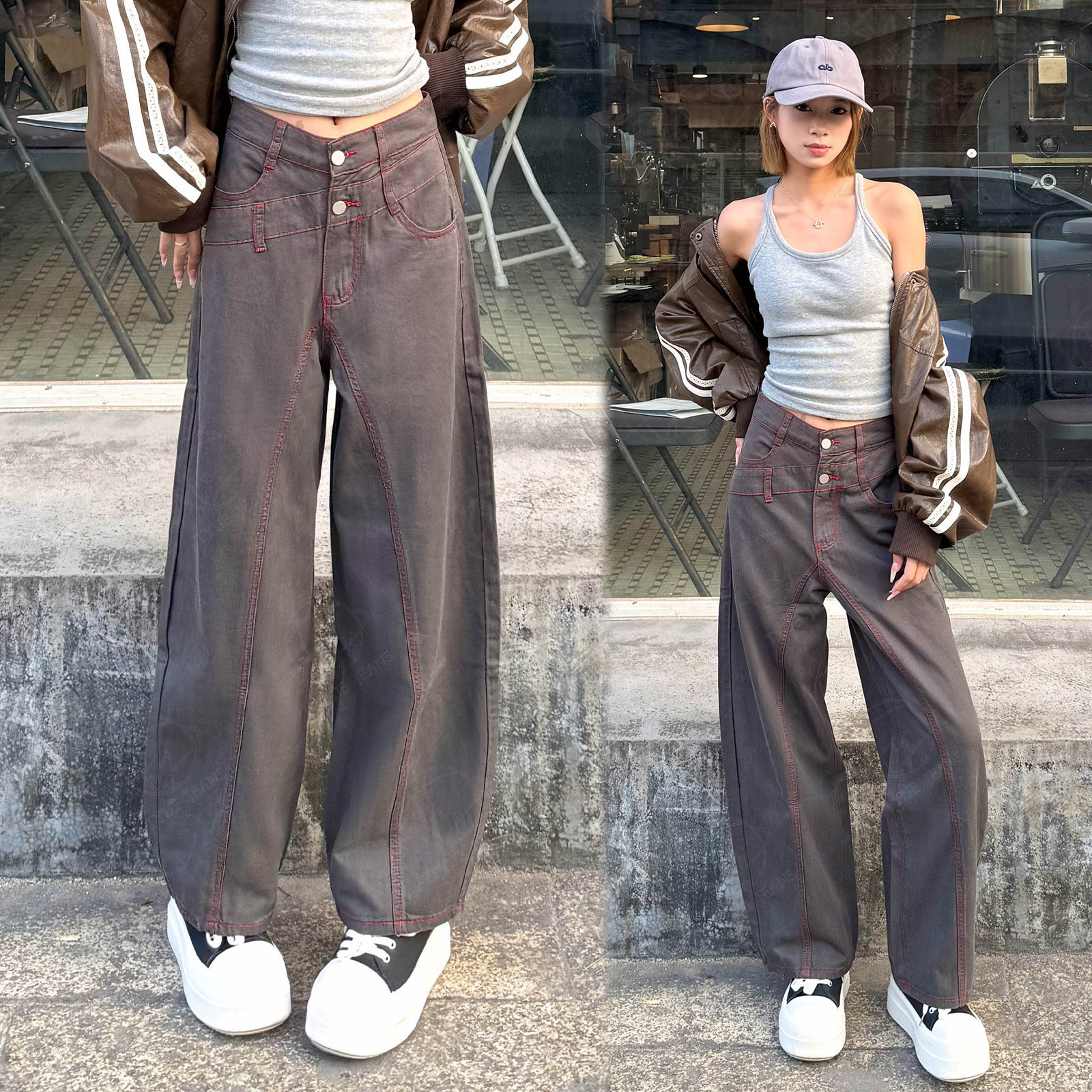 美拉德风高腰阔腿牛仔裤女2026春夏新款宽松显瘦工装弯刀裤长裤