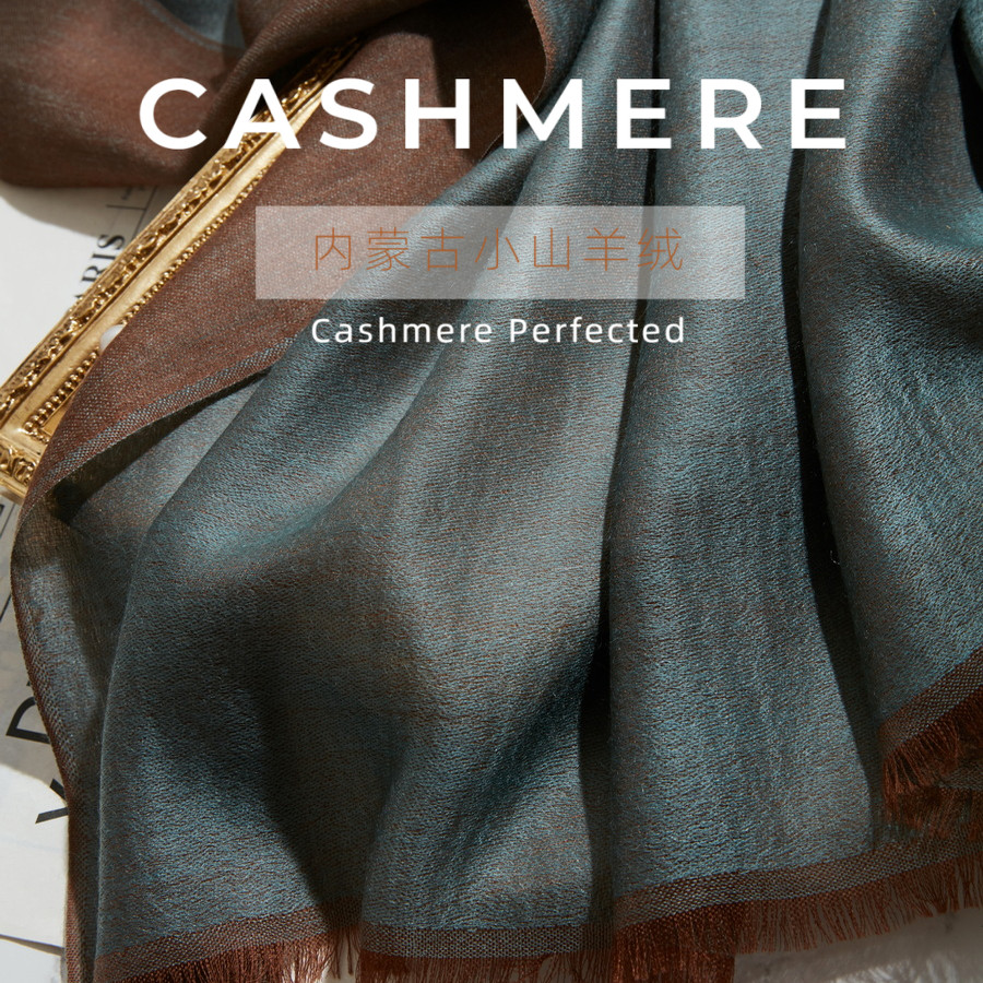 2025春季新款女纯山羊绒缎面戒指绒围巾双面双色空凋房防晒披肩