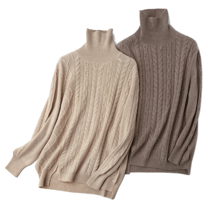 长袖绞花高领宽松羊绒遮肉套头衫