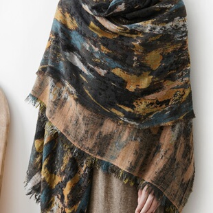 纯山羊绒提花披肩围巾 古典艺术女秋冬季 190 120大尺寸重磅轻奢款