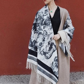 重磅加宽 欧洲高端奢美华丽纯山羊绒双面水墨印花大披肩飞机盖毯