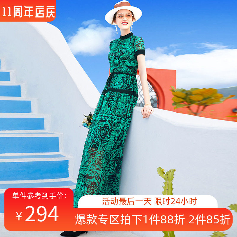 帝弗润驰新款气质洋气连衣裙长款高端奢华大牌优雅绿色雪纺长裙女