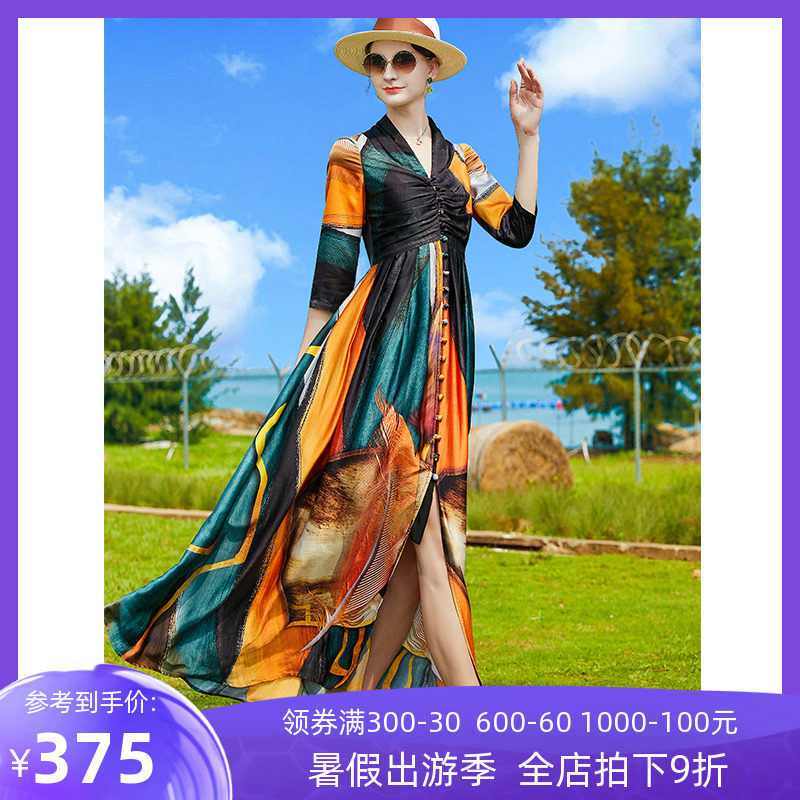 帝弗润驰2023新款大牌连衣裙减龄轻奢印花绝美缎面开叉过膝长裙女