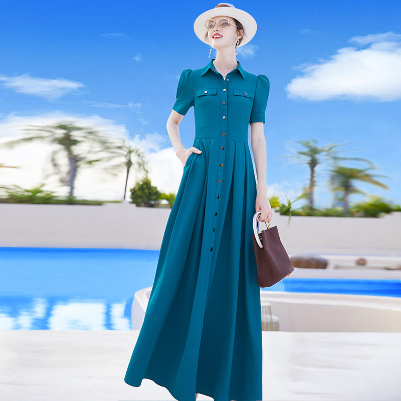 连衣裙2022新款女夏高端奢华国际大牌长款减龄蓝色短袖高级感长裙