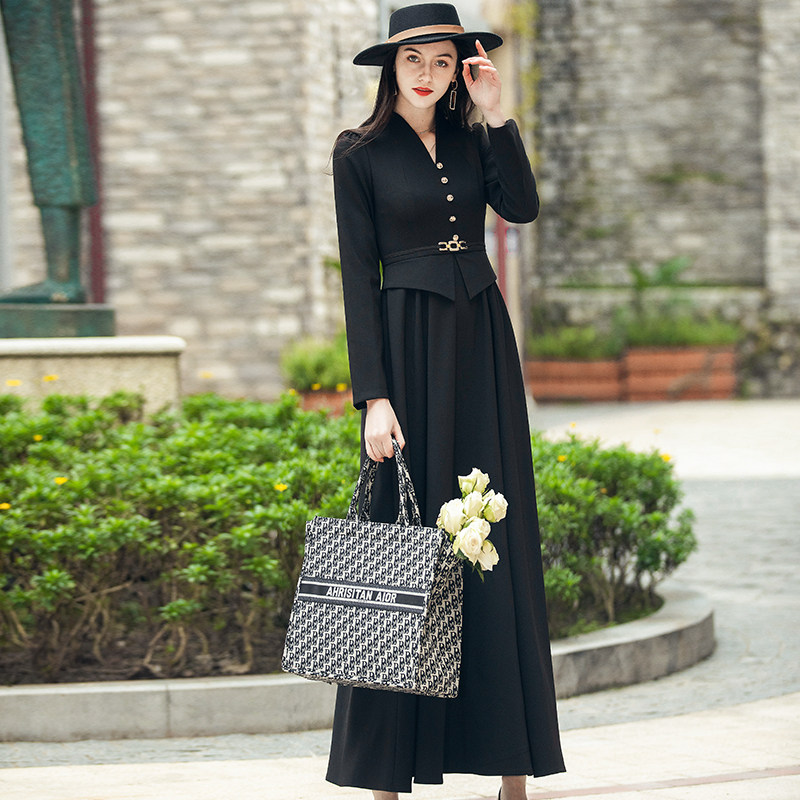 帝弗润驰2022新款连衣裙大摆长袖假两件法式气质显瘦超长款连衣裙
