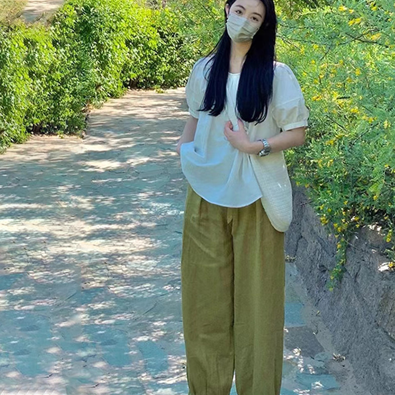 출산 여름 정장 여름 여성의 세련된 얇은 스타일 반팔 탑 여름 느슨한 출산 바지 투피스 세트