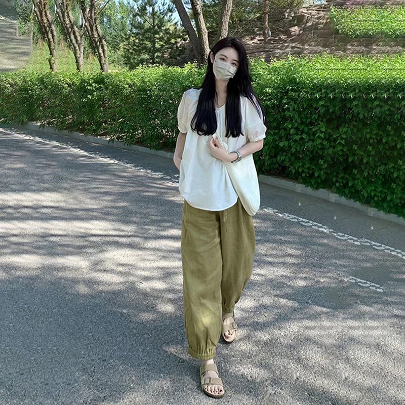 출산 여름 정장 여름 여성의 세련된 얇은 스타일 반팔 탑 여름 느슨한 출산 바지 투피스 세트