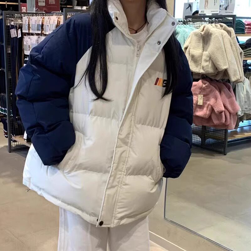 美式复古立领棉服女款冬季2024新款拼色情侣加厚宽松面包服外套潮