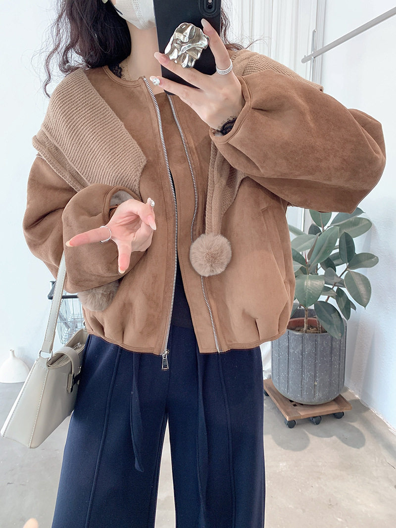 可脱卸球球连帽围巾圆领麂皮绒开衫皮毛一体长袖加绒外套女10.28