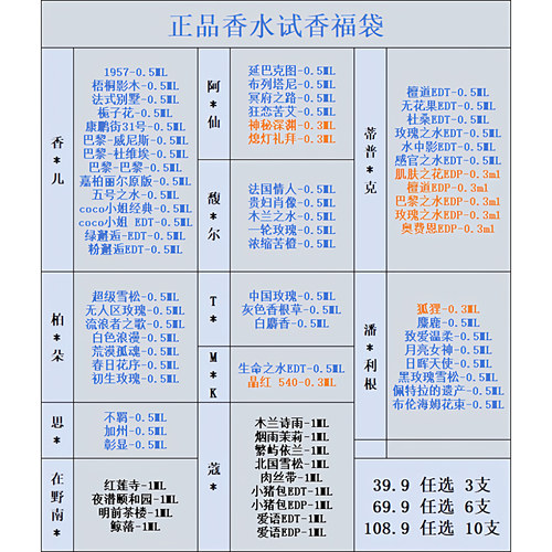 试香小样  新手入门 39.9任选3支包邮 69.9任选6支 108.9任选10支