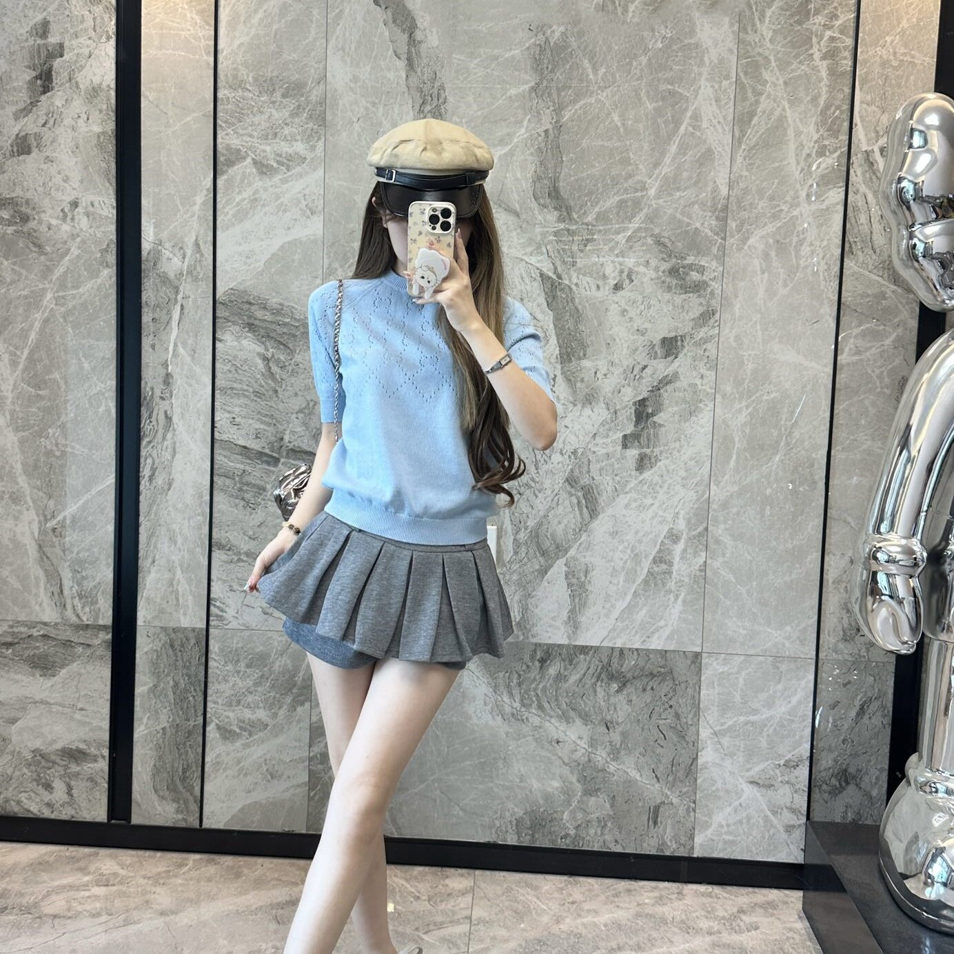 南油针织衫女夏2026新款字母挑孔格子上衣圆领浅蓝色薄款纯棉短袖