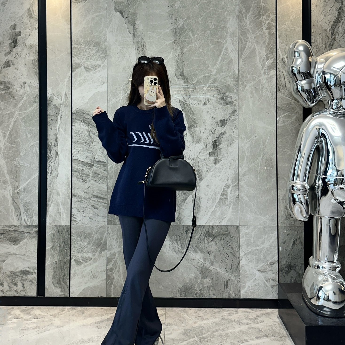 南油羊毛衫女秋字母提花长袖圆领上衣中长款针织衫宽松慵懒风毛衣