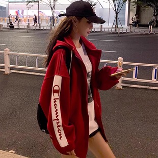 日版冠军开衫卫衣女秋冬新款宽松显瘦休闲连帽拉链上衣印花外套潮