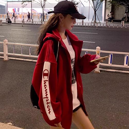 日版冠军春秋新款开衫连帽卫衣女