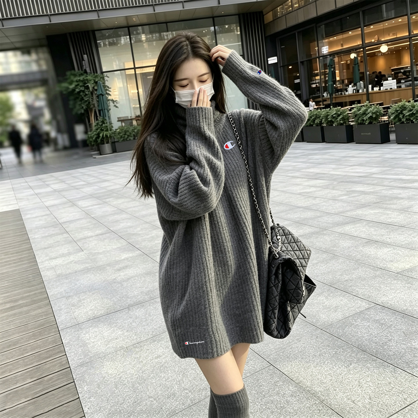 宽松灰色高领中长款毛衣连衣裙女