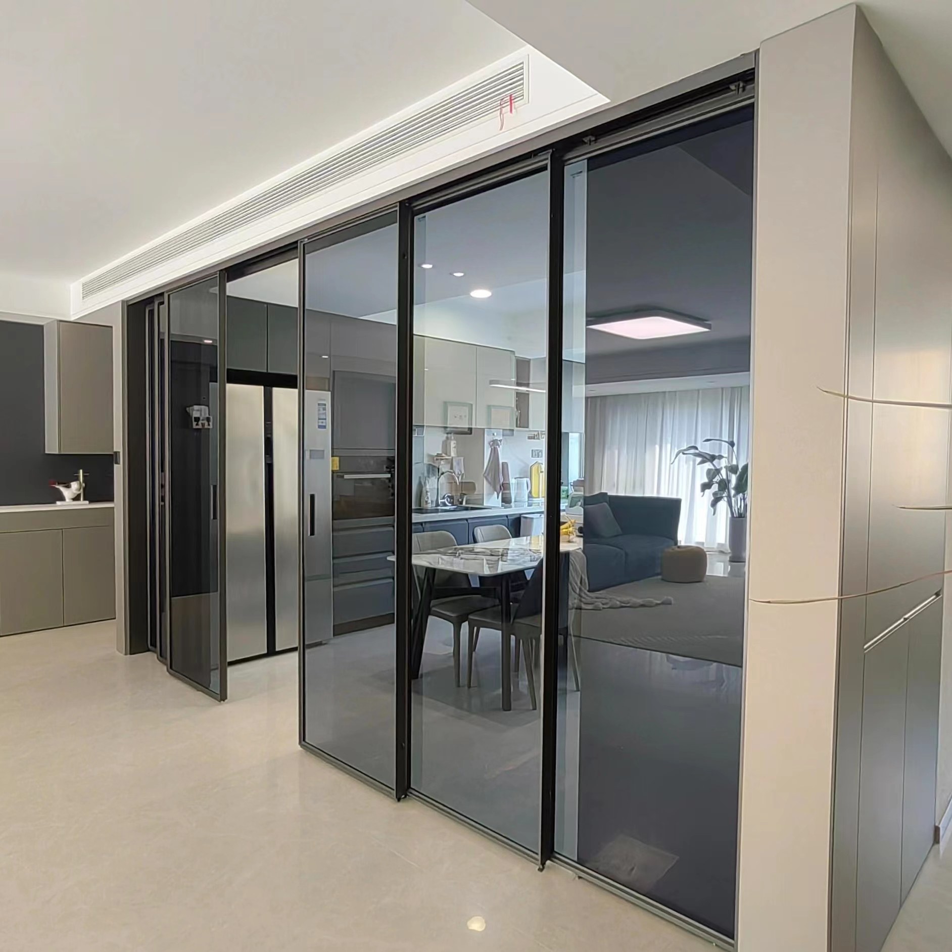 厨房极简灰玻地轨推拉门阳台极窄边框玻璃吊轨网红爆款移门可定制