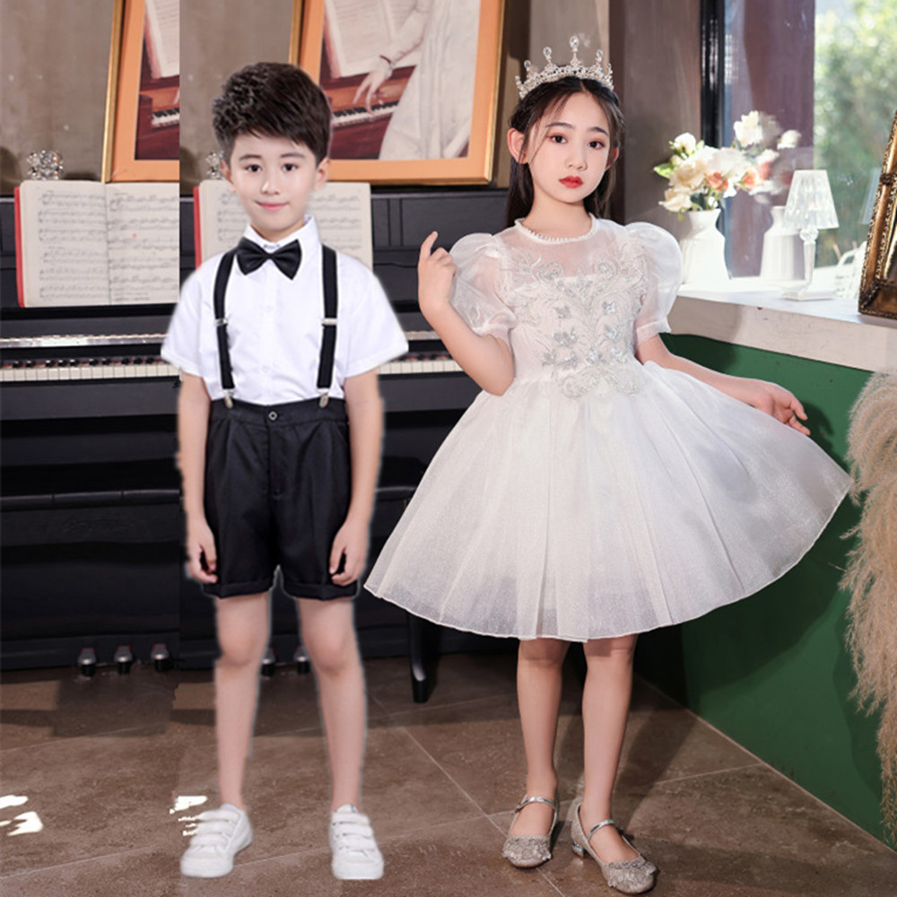 儿童礼服公主裙花童婚礼小女孩春季白色婚纱钢琴主持人演出服女童