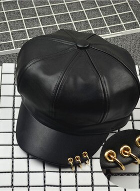 八角帽女英伦个性铁环潮明星同款贝雷皮帽黑色秋冬皮帽子女潮韩国