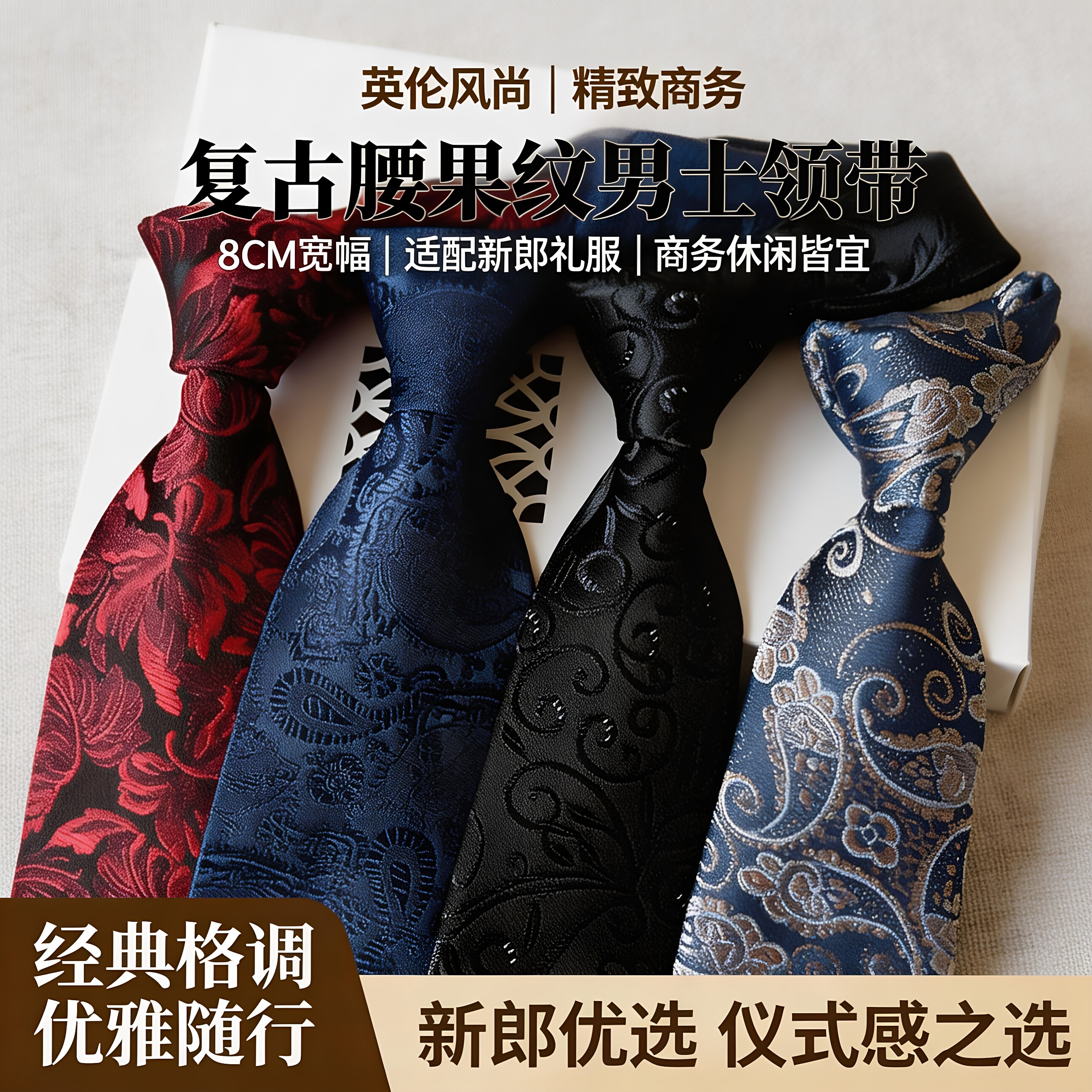 领带英伦时尚商务休闲男士工作黑色8CM宽复古腰果素格纹新郎结婚