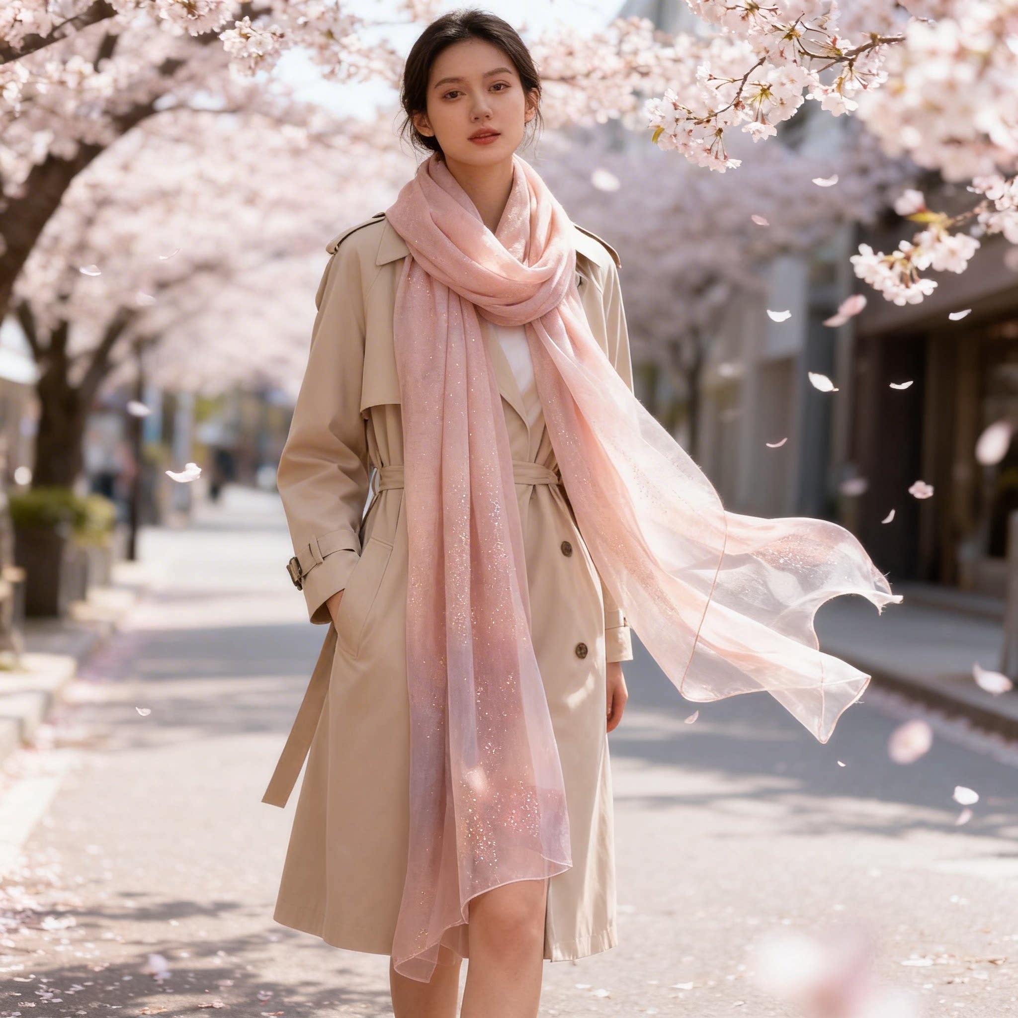 韩版真丝混纺围巾女春秋百搭薄款桑蚕丝披肩两用长方形长款浅粉色