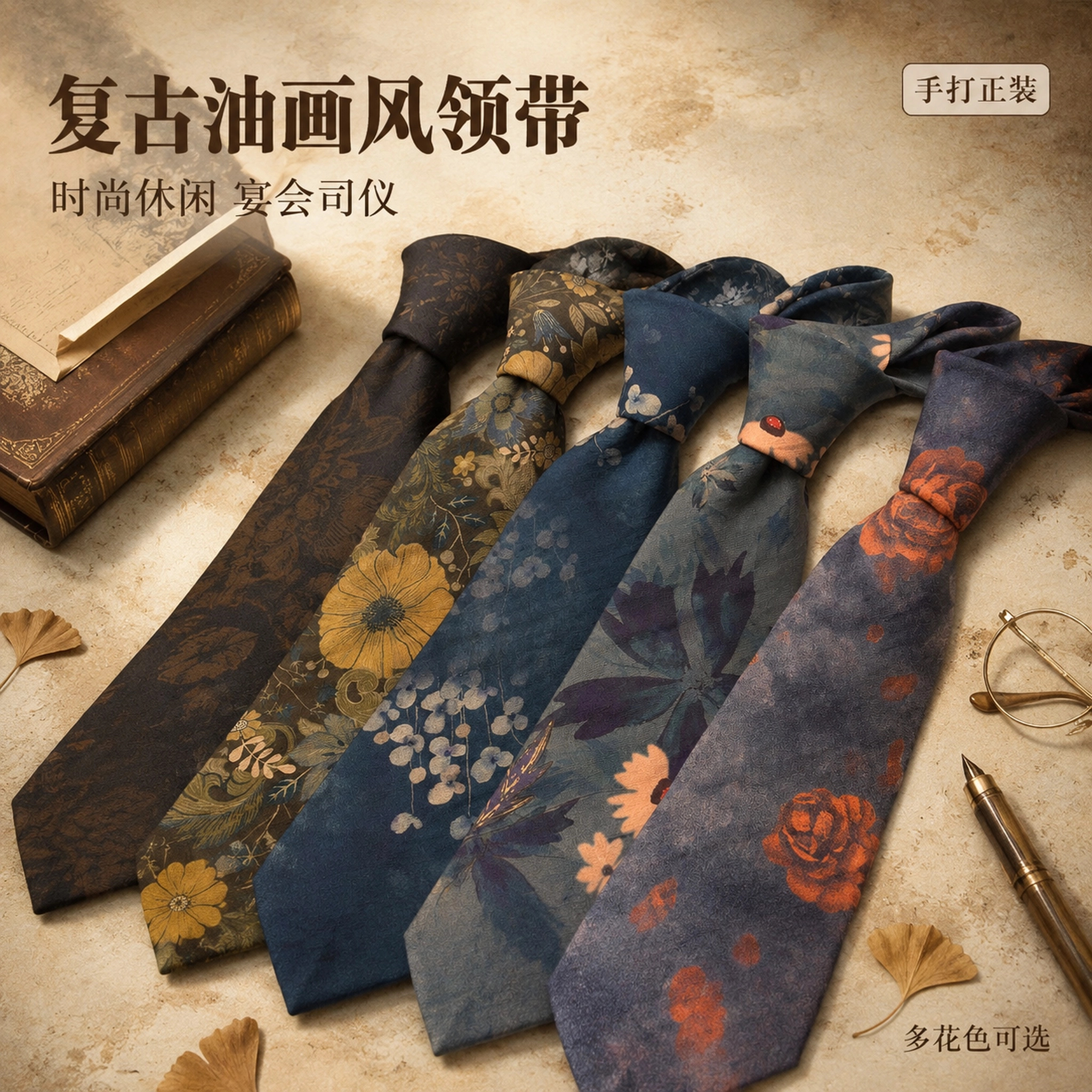 复古油画风印花领带男士时尚休闲棕色咖色意式手打新郎结婚配饰