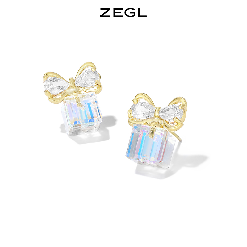 ZEGL水晶蝴蝶结耳环女轻奢小众2022新款潮耳钉925银针气质耳饰品