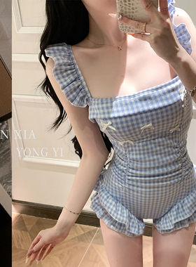 新款纯欲辣妹小清新蓝色格子连体泳衣女保守遮肚显瘦温泉泳装学生
