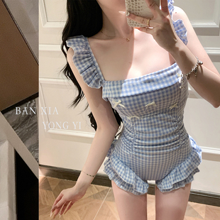 新款 学生 纯欲辣妹小清新蓝色格子连体泳衣女保守遮肚显瘦温泉泳装