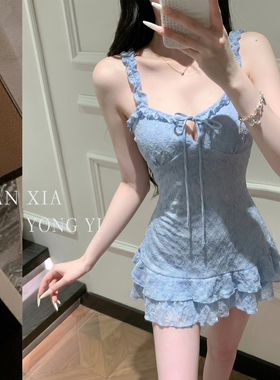 法式甜美风蕾丝吊带裙泳衣女遮肚显瘦蓝色分体平角裤泳衣温泉度假