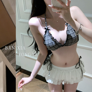 2025新款性感纯欲风复古格子比基尼三件套显瘦海边度假温泉泳衣女