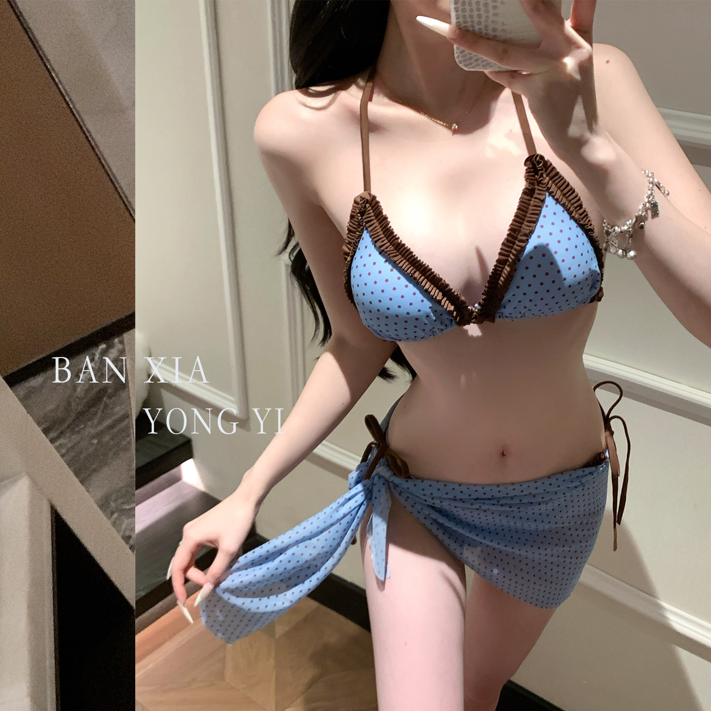 ins泰国小清新少女感分体泳衣甜美花边波点比基尼海边度假泡温泉