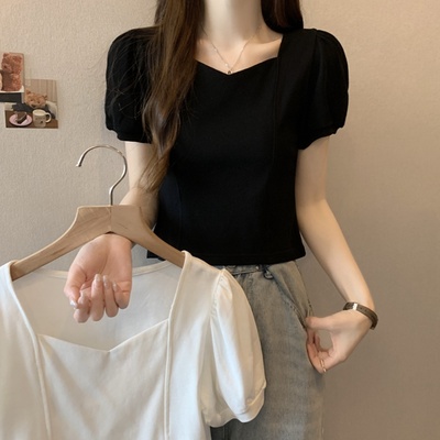 大码夏季修身正肩显瘦方领短袖t恤胖mm法式泡泡袖短款小个子上衣