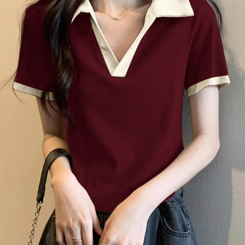 插肩短袖T恤女夏季2025新款爆款酒红色POLO领短款设计感小众上衣