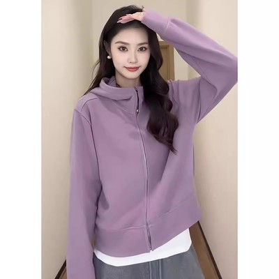 紫色双面德绒连帽卫衣女秋冬2024新款爆款高级感开衫外套短款上衣