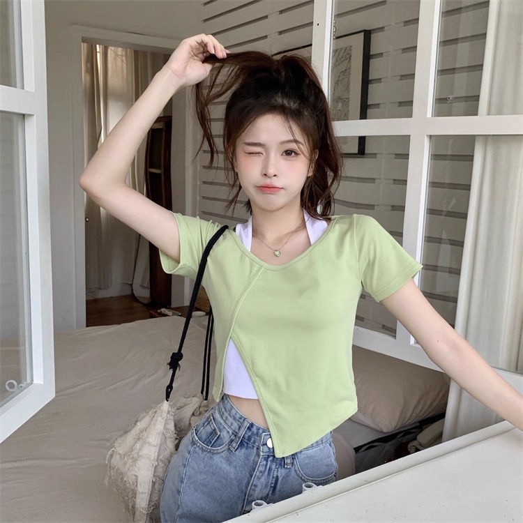 辣妹挂脖假两件不规则短袖T恤女2025夏季设计感小众别致短款上衣