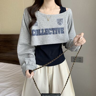 灰色斜肩露肩卫衣女早秋氛围感穿搭爵士山东即墨巨好看上衣两件套