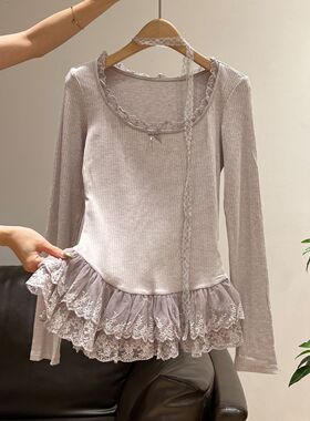 浅紫色蕾丝拼接长袖T恤女2025秋季新款温柔风修身显瘦百搭打底衣