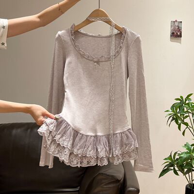 浅紫色蕾丝拼接长袖T恤女2025秋季新款温柔风修身显瘦百搭打底衣