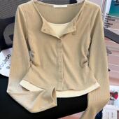t恤女早秋季 2024新款 设计感小众独特别致修身 假两件长袖 短款 上衣
