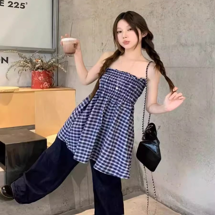 蓝色格子抹胸连衣裙女夏季两穿裙子半身裙复古设计感高腰a字长裙