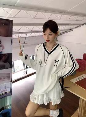 美式V领撞色刺绣长袖t恤女春季设计感蝴蝶结宽松小众独特别致上衣