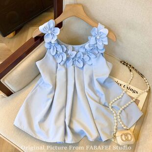 夏季新款设计感压褶娃娃衫法式无袖裙摆白色珍珠花朵吊带背心上衣