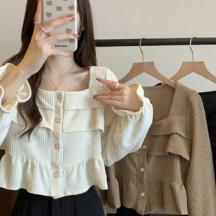 衬衫 荷叶边方领短款 女设计感春秋季 宽松法式 上衣服 2023年新款 长袖