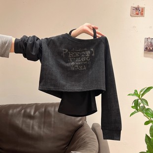 设计感吊带内搭两套装 美式 新款 T恤女秋季 上衣女 复古辣妹露肩长袖