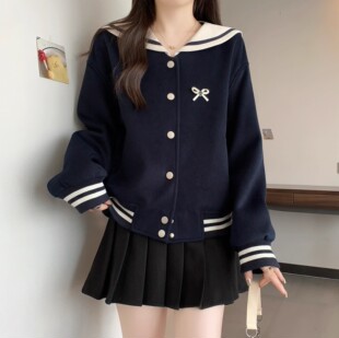新款 外套女2025年秋季 宽松休闲百搭上衣 胖MM学院风海军领开衫 大码