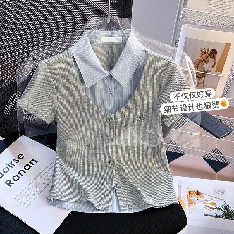 学院风翻领polo衫短袖t恤女2025新款夏季显瘦修身短款假两件上衣