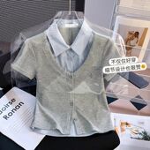 短袖 短款 t恤女2025新款 显瘦修身 假两件上衣 夏季 学院风翻领polo衫