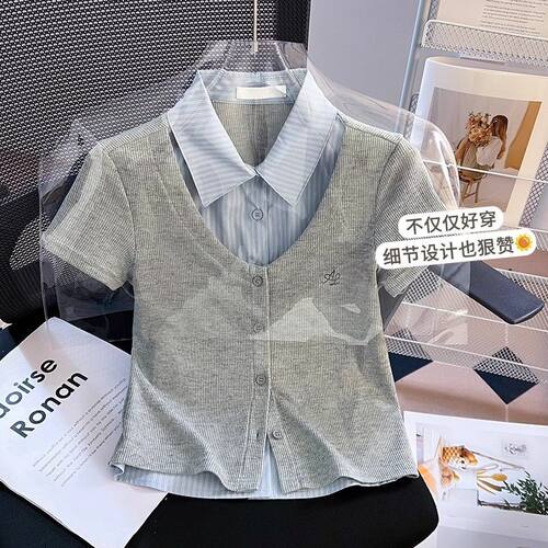 学院风翻领polo衫短袖t恤女2025新款夏季显瘦修身短款假两件上衣