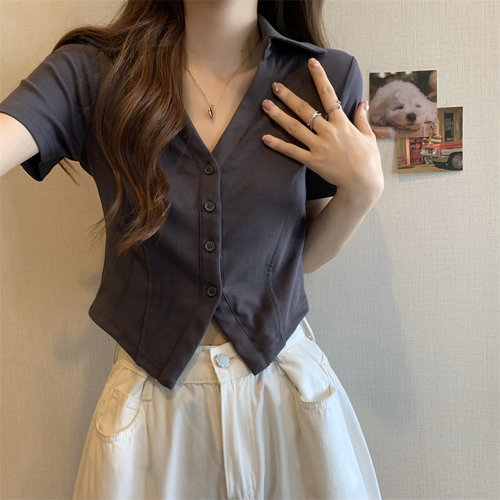 短袖正肩t恤女夏法式小众V领polo衫洋气独特别致高腰修身短款上衣