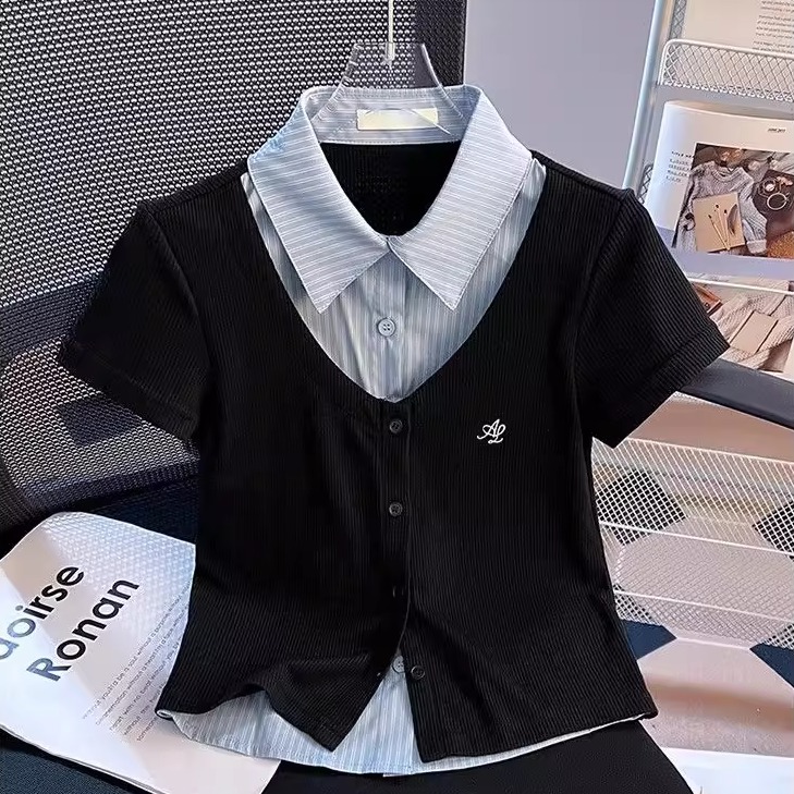假两件翻领短袖t恤女夏季2025新款设计感小众修身短款polo衫上衣